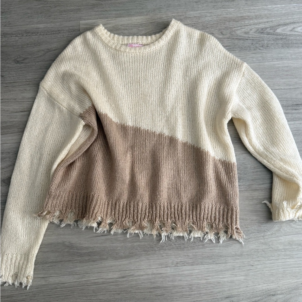 Pink Lily Cream and Tan Frayed Hem Sweater